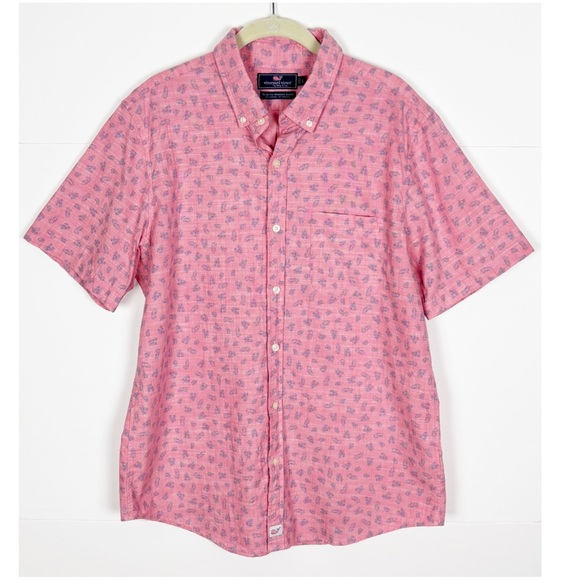 Vineyard Vines Slim Fit Murray Shirt Men’s Size Large Pink Printed Short Sleeve - Picture 1 of 6